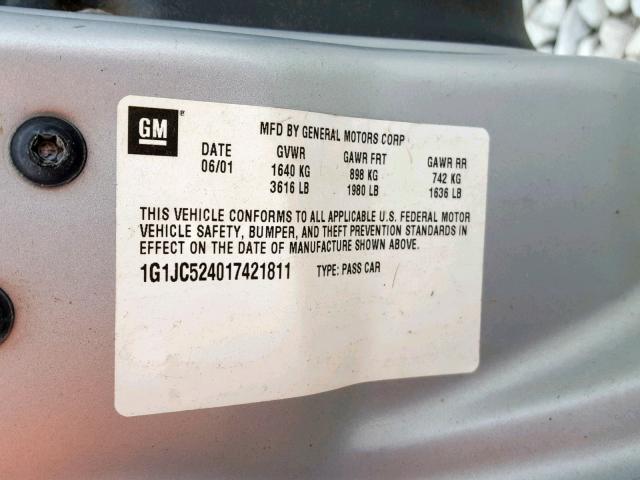 1G1JC524017421811 - 2001 CHEVROLET CAVALIER B SILVER photo 10