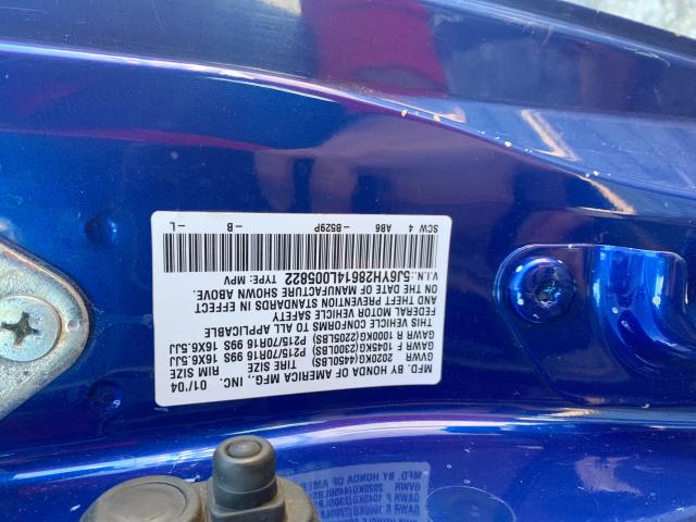 5J6YH28614L005822 - 2004 HONDA ELEMENT EX BLUE photo 10