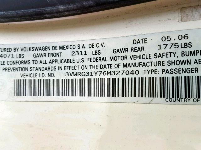 3VWRG31Y76M327040 - 2006 VOLKSWAGEN NEW BEETLE 奶油色 照片 10