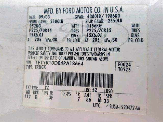 1FTYR10D84PA18664 - 2004 FORD RANGER WHITE photo 10