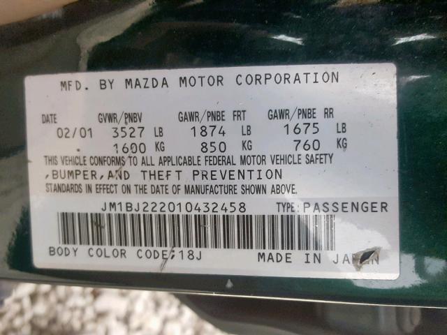 JM1BJ222010432458 - 2001 MAZDA PROTEGE DX GREEN photo 10