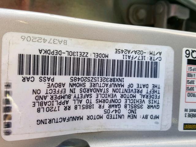 1NXBR32E15Z520485 - 2005 TOYOTA CORROLA SILVER photo 10