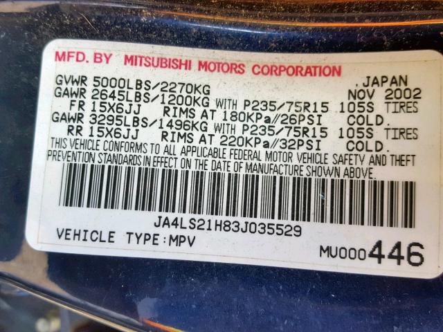 JA4LS21H83J035529 - 2003 MITSUBISHI MONTERO SP BLUE photo 10