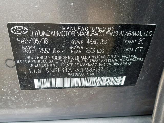 5NPE34AB3JH689167 - 2018 HYUNDAI SONATA SPO GRAY photo 10