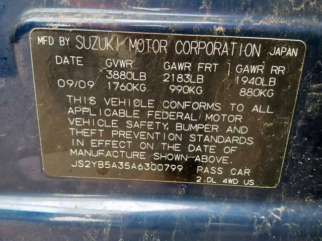 JS2YB5A35A6300799 - 2010 SUZUKI SX4 BLUE photo 10