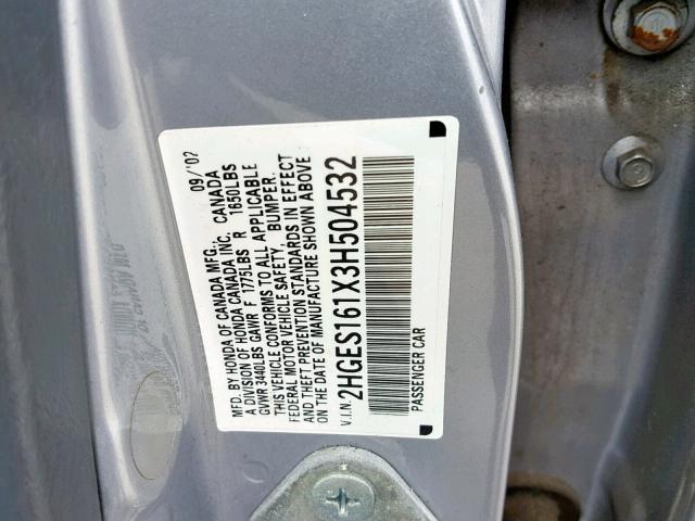 2HGES161X3H504532 - 2003 HONDA CIVIC DX GRAY photo 10