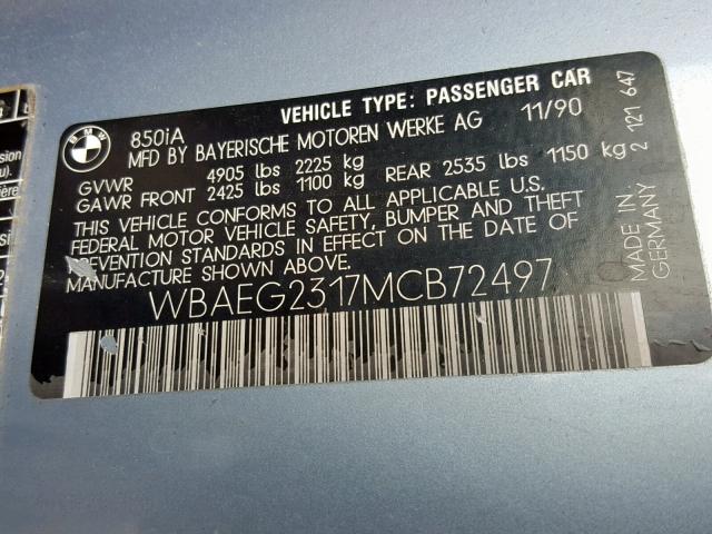 WBAEG2317MCB72497 - 1991 BMW 850 I AUTO BLUE photo 10