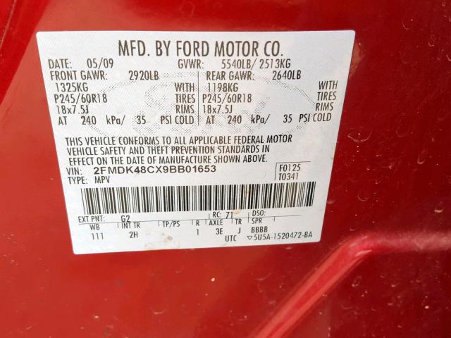 2FMDK48CX9BB01653 - 2009 FORD EDGE SEL RED photo 10