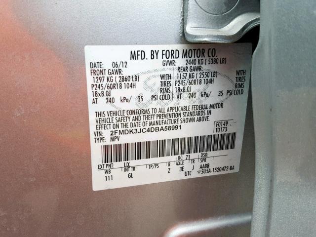 2FMDK3JC4DBA58991 - 2013 FORD EDGE SEL SILVER photo 10