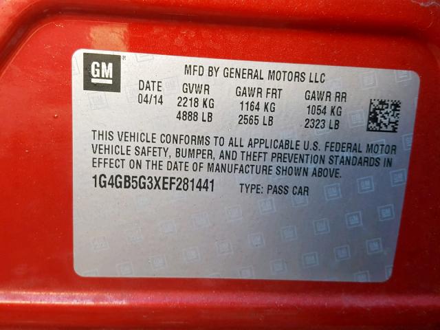 1G4GB5G3XEF281441 - 2014 BUICK LACROSSE RED photo 10