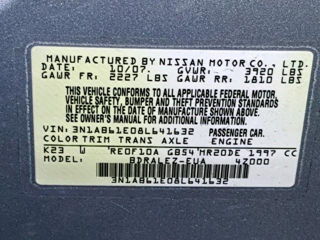 3N1AB61E08L641632 - 2008 NISSAN SENTRA 2.0 SILVER photo 10