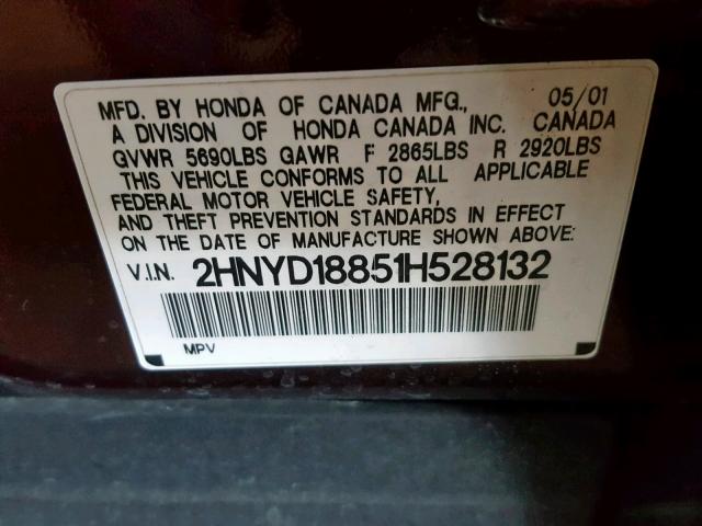 2HNYD18851H528132 - 2001 ACURA MDX TOURIN PURPLE photo 10