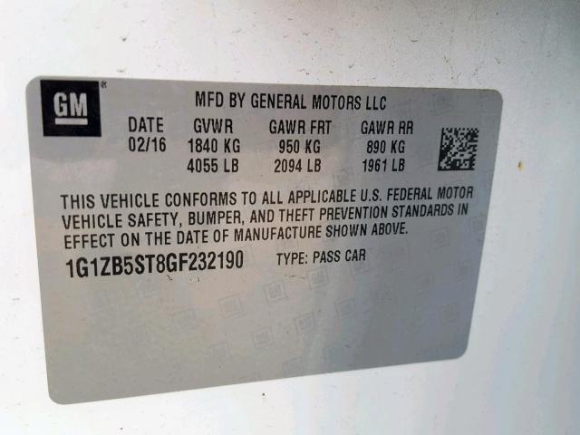 1G1ZB5ST8GF232190 - 2016 CHEVROLET MALIBU LS 白色 照片 10