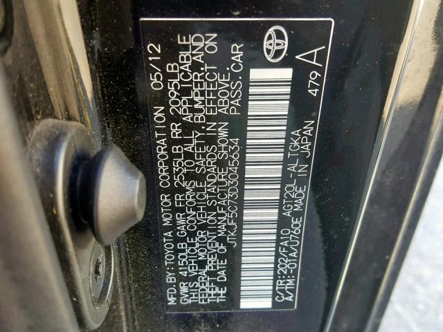 JTKJF5C73D3045634 - 2013 TOYOTA SCION TC შავი ფოტო 10