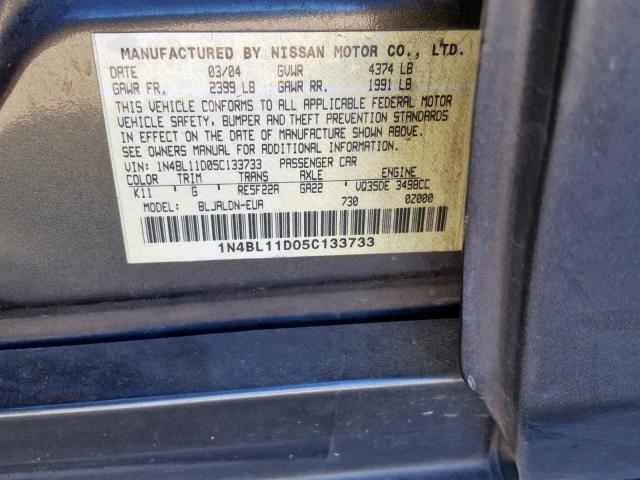 1N4BL11D05C133733 - 2005 NISSAN ALTIMA SE GRAY photo 10