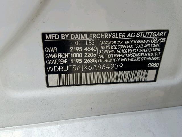 WDBUF56JX6A864939 - 2006 MERCEDES-BENZ E 350 WHITE photo 10