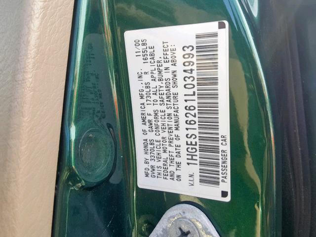 1HGES16261L034993 - 2001 HONDA CIVIC DX GREEN photo 10