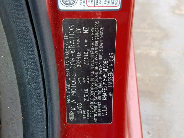 KNAFE221595645964 - 2009 KIA SPECTRA EX BURGUNDY photo 10