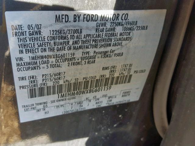 1MEHM40WX8G601159 - 2008 MERCURY SABLE LUXU GRAY photo 10