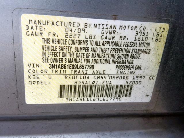 3N1AB61E89L657790 - 2009 NISSAN SENTRA 2.0 SILVER photo 10