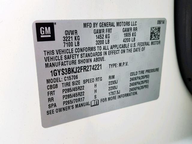 1GYS3BKJ2FR274221 - 2015 CADILLAC ESCALADE L 白色 照片 10