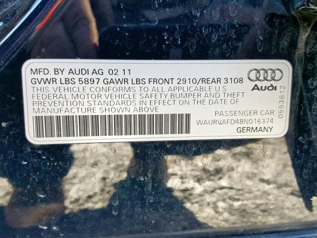 WAURVAFD4BN016374 - 2011 AUDI A8 L QUATT BLUE photo 10