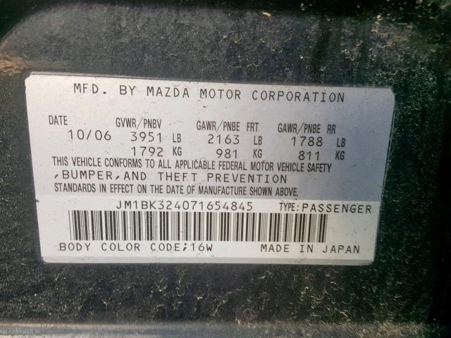 JM1BK324071654845 - 2007 MAZDA 3 S BLACK photo 10