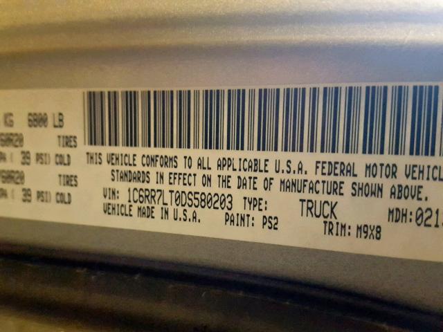 1C6RR7LT0DS580203 - 2013 RAM 1500 SLT SILVER photo 10