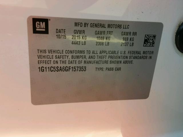 1G11C5SA6GF157353 - 2016 CHEVROLET MALIBU LIM 白色 照片 10