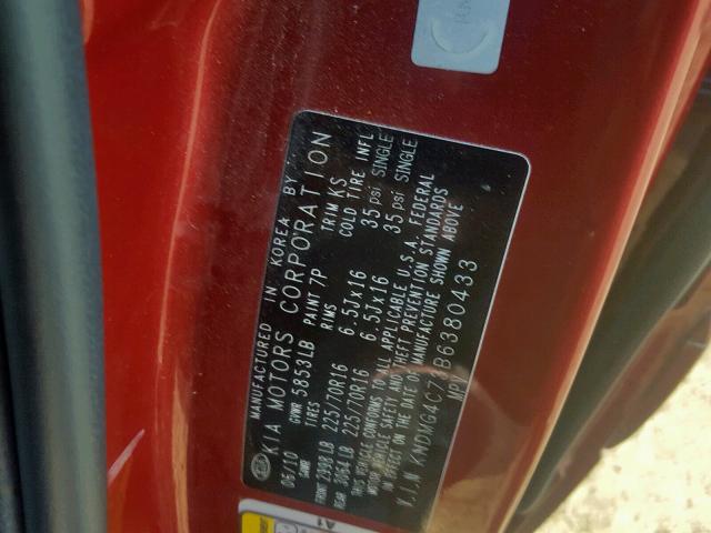 KNDMG4C73B6380433 - 2011 KIA SEDONA LX RED photo 10