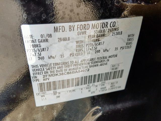 2FMDK38C88BA54972 - 2008 FORD EDGE SEL BLACK photo 10