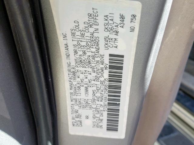 5TDBT48A12S098735 - 2002 TOYOTA SEQUOIA LI SILVER photo 10