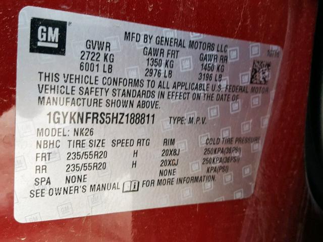 1GYKNFRS5HZ188811 - 2017 CADILLAC XT5 PLATIN RED photo 10