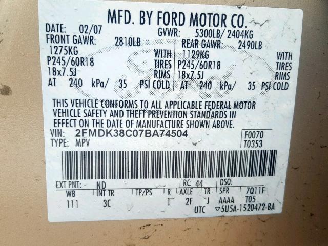 2FMDK38C07BA74504 - 2007 FORD EDGE SEL GOLD photo 10