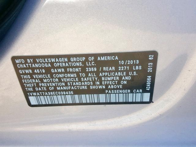 1VWAT7A38EC039435 - 2014 VOLKSWAGEN PASSAT S SILVER photo 10