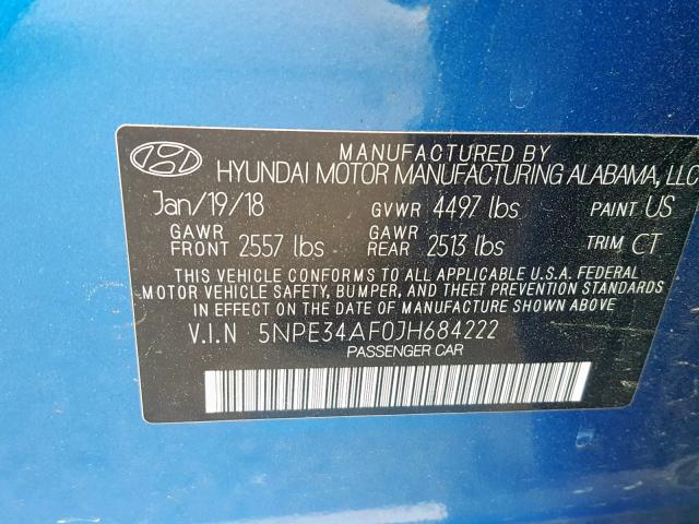 5NPE34AF0JH684222 - 2018 HYUNDAI SONATA SPO BLUE photo 10