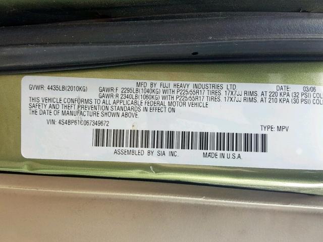 4S4BP61C067349672 - 2006 SUBARU LEGACY OUT GREEN photo 10