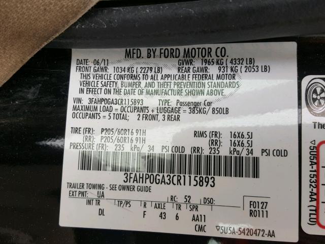 3FAHP0GA3CR115893 - 2012 FORD FUSION S BLACK photo 10