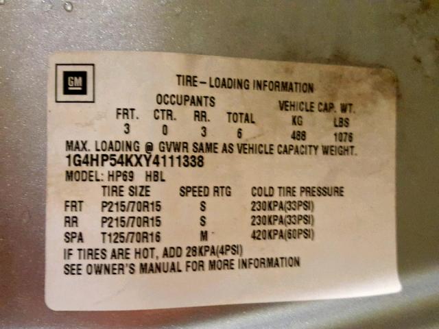 1G4HP54KXY4111338 - 2000 BUICK LESABRE CU SILVER photo 10