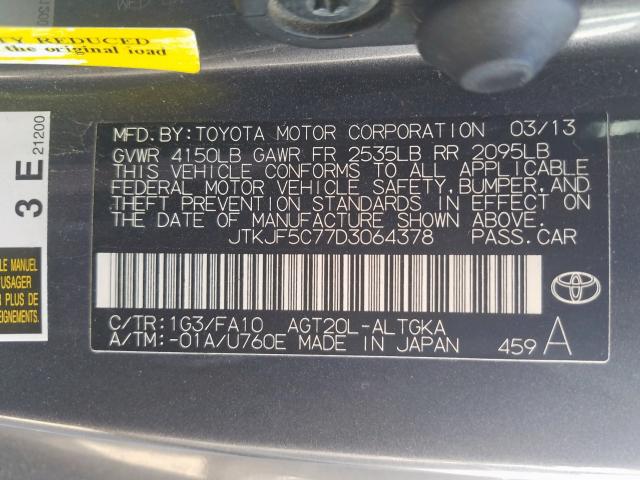 JTKJF5C77D3064378 - 2013 TOYOTA SCION TC  ფოტო 10