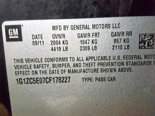 1G1ZC5E07CF178227 - 2012 CHEVROLET MALIBU 1LT 黑色 照片 10