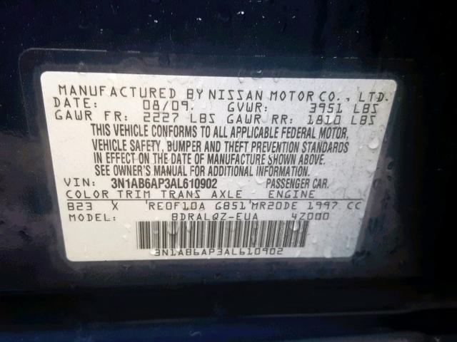 3N1AB6AP3AL610902 - 2010 NISSAN SENTRA 2.0 BLUE photo 10