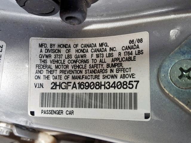 2HGFA16908H340857 - 2008 HONDA CIVIC EXL SILVER photo 10