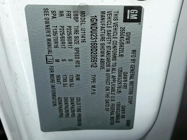 1GNDU23168D206912 - 2008 CHEVROLET UPLANDER L Ağ foto 10