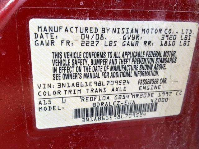 3N1AB61E98L709524 - 2008 NISSAN SENTRA 2.0 BURGUNDY photo 10