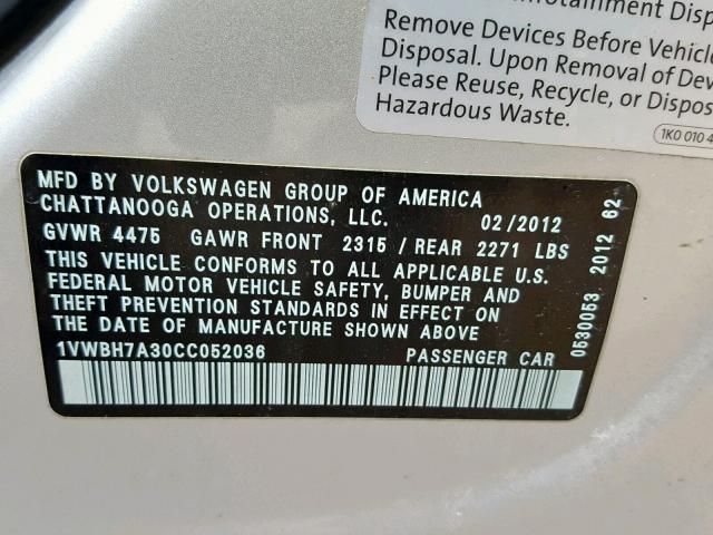 1VWBH7A30CC052036 - 2012 VOLKSWAGEN PASSAT SE SILVER photo 10