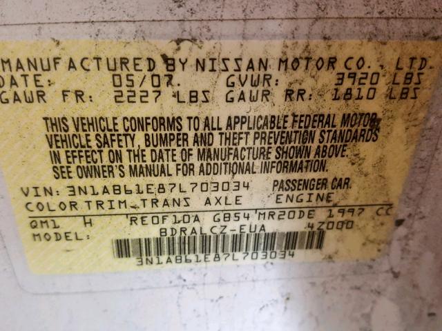 3N1AB61E87L703034 - 2007 NISSAN SENTRA 2.0 WHITE photo 10