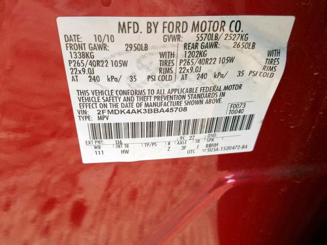 2FMDK4AK3BBA45708 - 2011 FORD EDGE SPORT RED photo 10