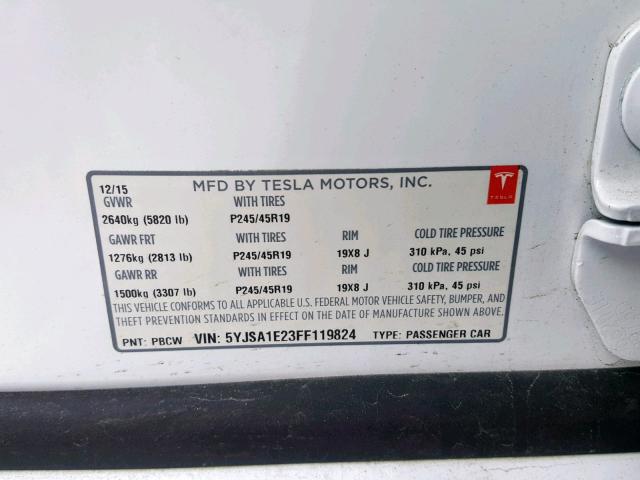 5YJSA1E23FF119824 - 2015 TESLA MODEL S WHITE photo 10