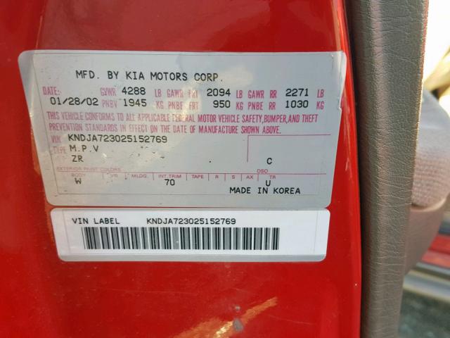 KNDJA723025152769 - 2002 KIA SPORTAGE RED photo 10